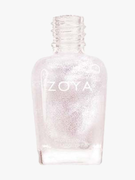 Pearly white and shimmery top coat in clear nail polish bottle. 