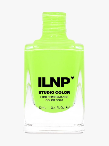 ILNP Studio Color Nail Polish in Glowing Neon Lime bottle of neon green nail polish without a cap on light gray background