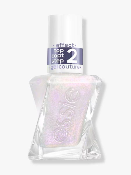 Sparkly nail polish top coat in twisted clear Essie bottle. 