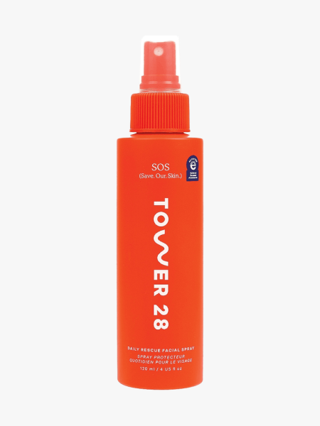 Tower 28 SOS Daily Rescue Facial Spray with Hypochlorous Acid in orange branded component on a light gray background